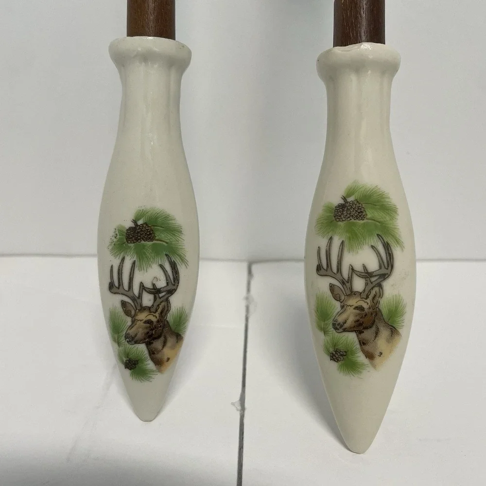 Mid-Century Salad Server Set Mackinac Is. Souvenir W/ Rustic Deer Approx. 11 In.